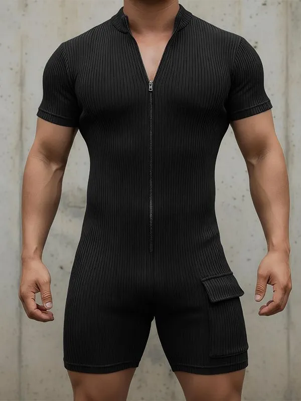 Men's Solid Color Textured Zipper Short Sleeve Bodysuit SKUL48695 sold by Incerunmen