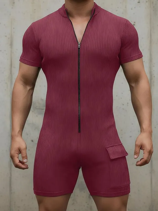 Men's Solid Color Textured Zipper Short Sleeve Bodysuit SKUL48695 sold by Incerunmen product image thumbnail 3