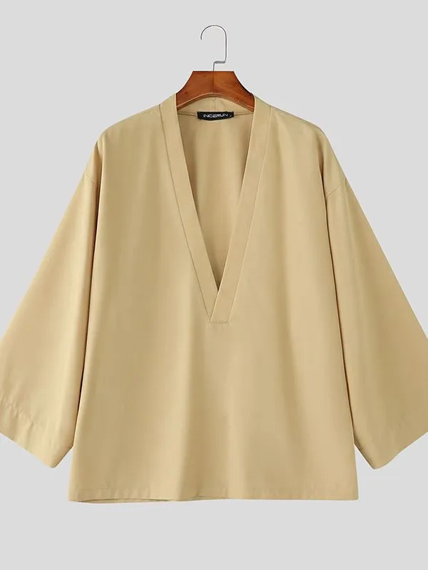 Men's Solid Color Deep V-Neck 3/4 Length Sleeve Shirt SKUL51929 sold by Incerunmen product image thumbnail 4