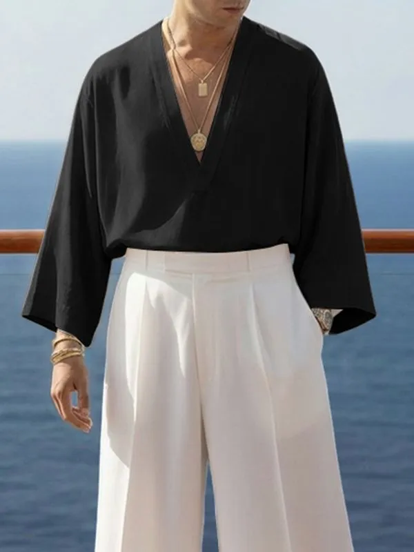 Men's Solid Color Deep V-Neck 3/4 Length Sleeve Shirt SKUL51929 made by Incerunmen