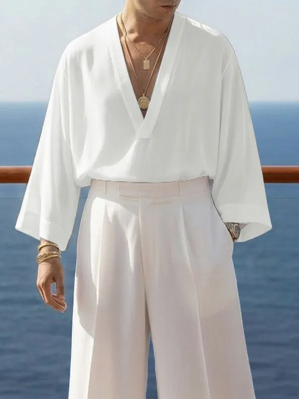 Men's Solid Color Deep V-Neck 3/4 Length Sleeve Shirt SKUL51929 sold by Incerunmen product image thumbnail 2