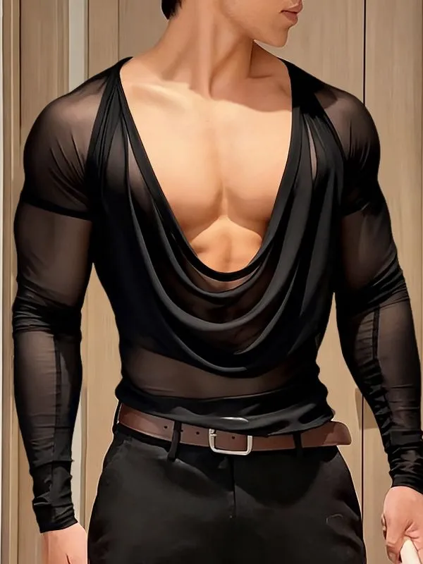 Men's Sheer Mesh Cowl Neck Long Sleeve T-shirt SKUL41054 sold by Incerunmen