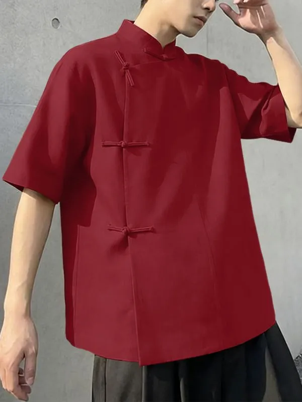 Men's Solid Color Asymmetric Frog Button Loose Shirt SKUL54547 sold by Incerunmen