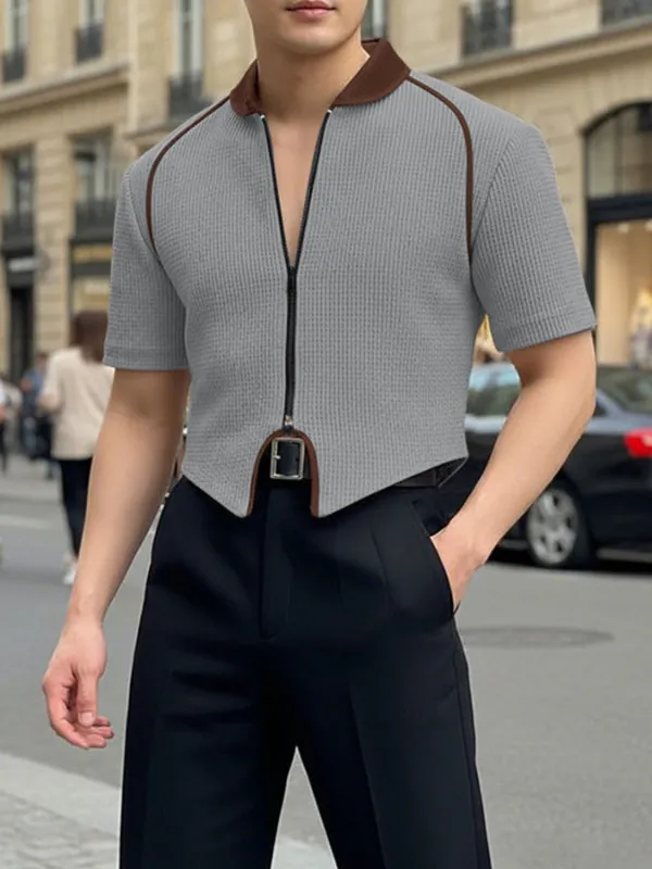 Men's Textured Patchwork Short Sleeve Zipper Cardigan SKUL47599 sold by Incerunmen product image thumbnail 3