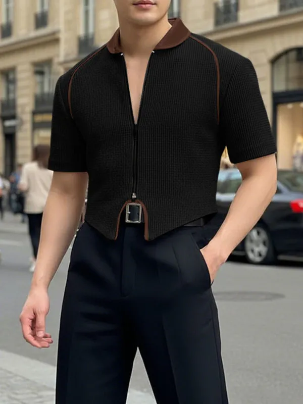 Men's Textured Patchwork Short Sleeve Zipper Cardigan SKUL47599 sold by Incerunmen