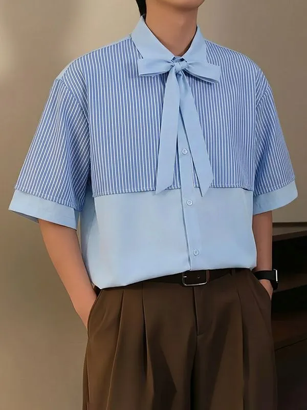 Men's Striped Patchwork Contrast Color Short Sleeve Shirt SKUL53039 made by Incerunmen