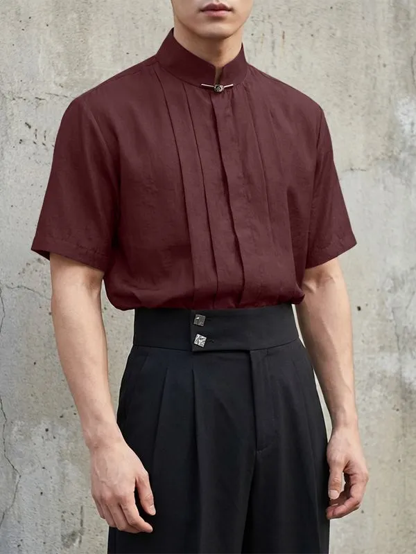 Men's Solid Color Pleated Stand Collar Short Sleeve Shirt SKUL56231 sold by Incerunmen