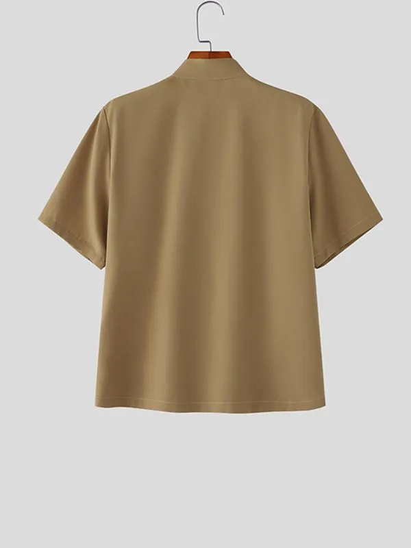 Men's Solid Color Pleated Stand Collar Short Sleeve Shirt SKUL56231 sold by Incerunmen product image thumbnail 5