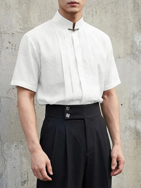 Men's Solid Color Pleated Stand Collar Short Sleeve Shirt SKUL56231 sold by Incerunmen product image thumbnail 2
