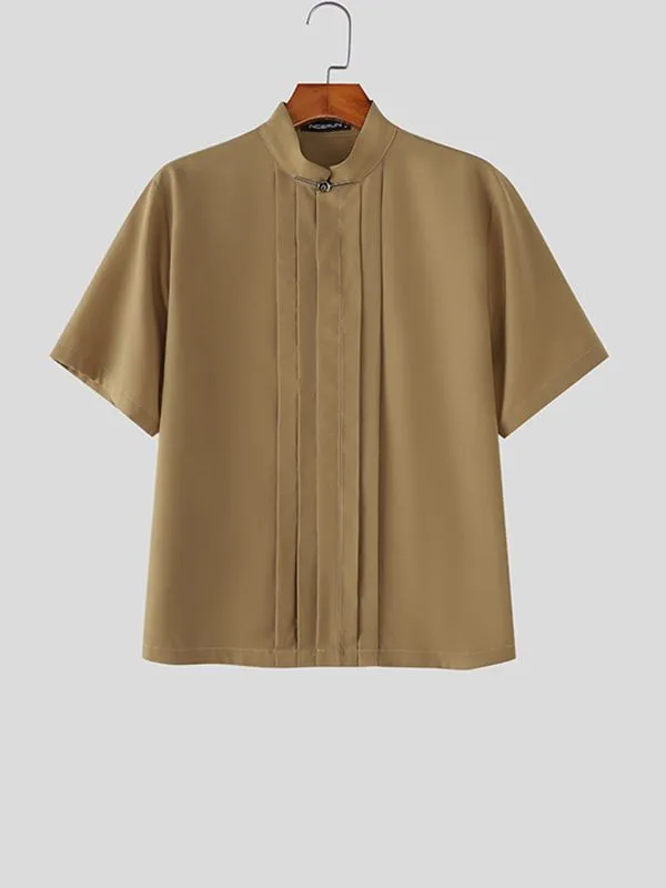 Men's Solid Color Pleated Stand Collar Short Sleeve Shirt SKUL56231 sold by Incerunmen product image thumbnail 4