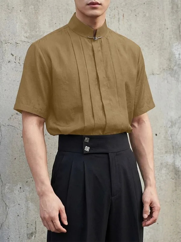 Men's Solid Color Pleated Stand Collar Short Sleeve Shirt SKUL56231 sold by Incerunmen product image thumbnail 3