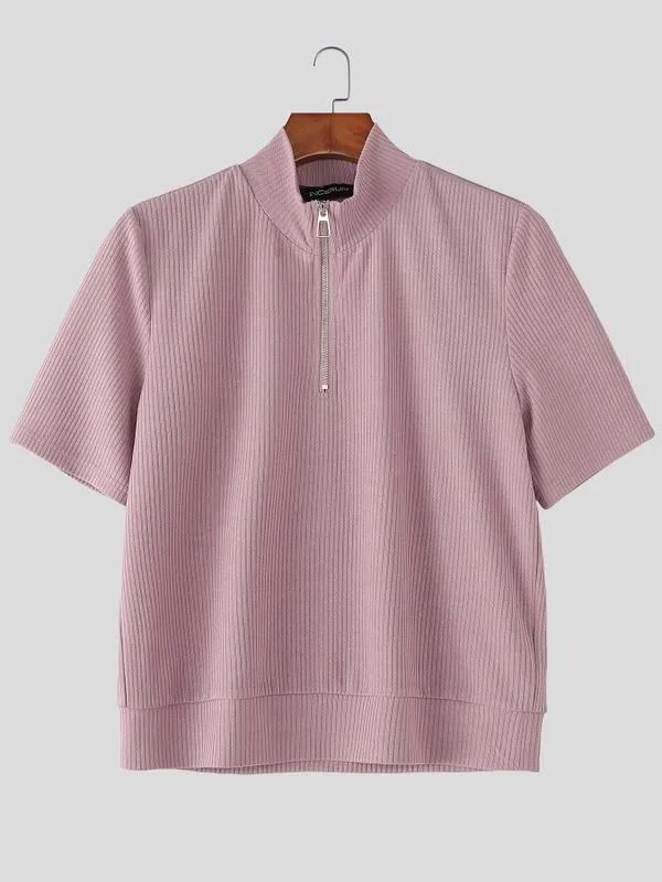 Men's Solid Color Textured Zip Short Sleeve T-shirt SKUL54063 sold by Incerunmen product image thumbnail 4