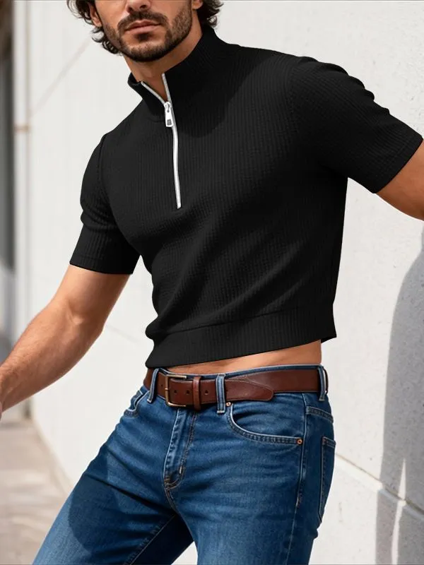 Men's Solid Color Textured Zip Short Sleeve T-shirt SKUL54063 sold by Incerunmen