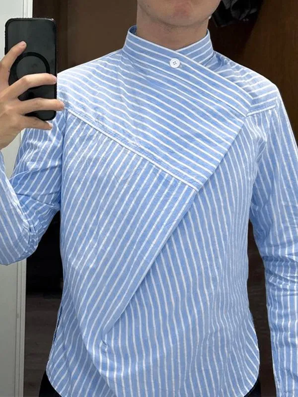 Men's Stripe Asymmetric Layered Stand Collar Long Sleeve Shirt SKUL50909 made by Incerunmen