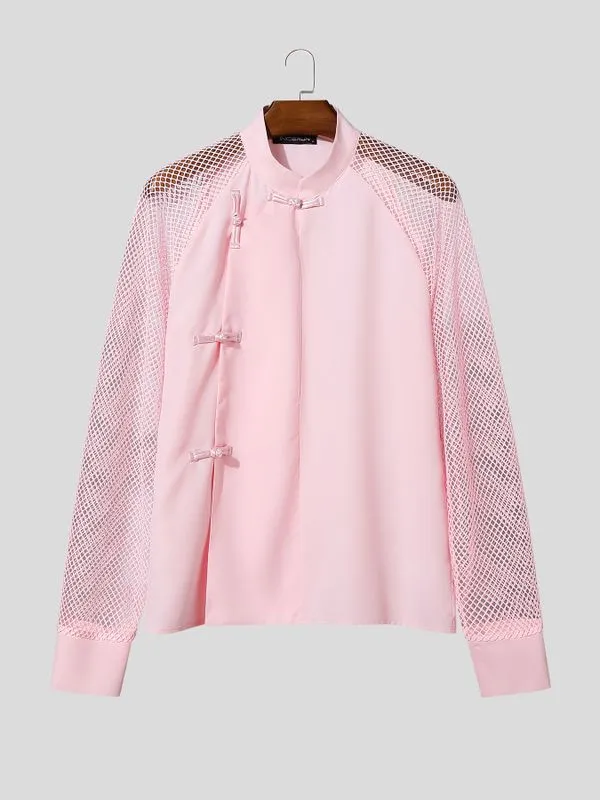 Men's Sheer Mesh Patchwork Frog Button Long Sleeve Shirt SKUL54548 sold by Incerunmen product image thumbnail 4