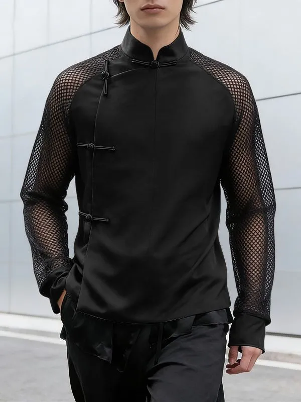 Men's Sheer Mesh Patchwork Frog Button Long Sleeve Shirt SKUL54548 sold by Incerunmen