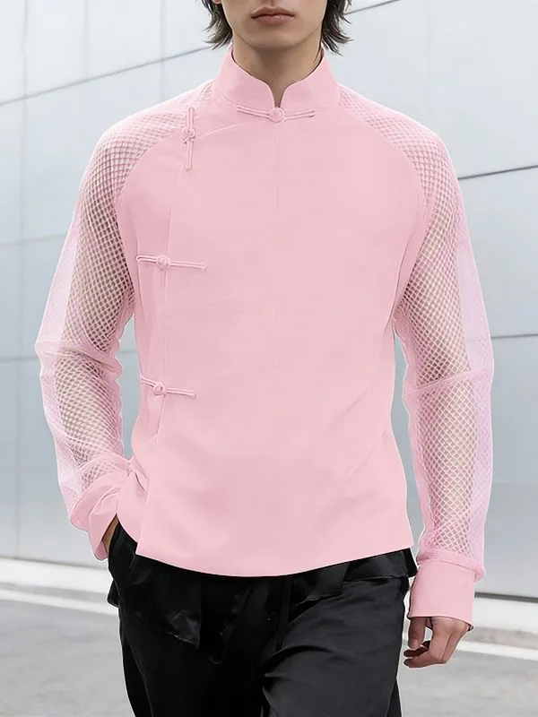 Men's Sheer Mesh Patchwork Frog Button Long Sleeve Shirt SKUL54548 sold by Incerunmen product image thumbnail 3