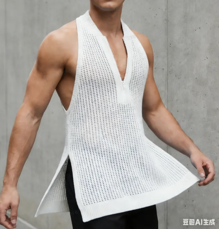 Men's Solid Color Hollow Zipper Mesh Tank SKUL57663 made by Incerunmen