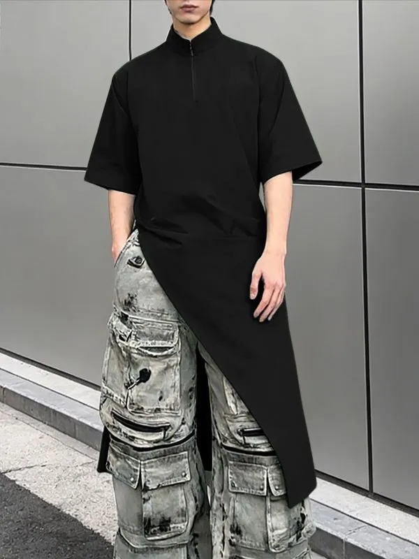 Men's Solid Color Asymmetric Longline Half Zip Short Sleeve Shirt SKUL56315 made by Incerunmen