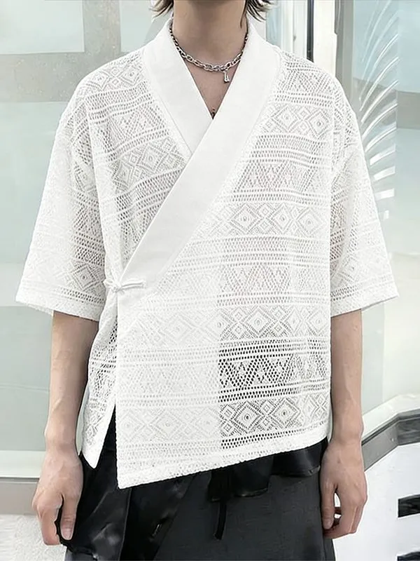 Men's Solid Color Lace Asymmetric Placket Half Sleeve Shirt SKUL56292 made by Incerunmen