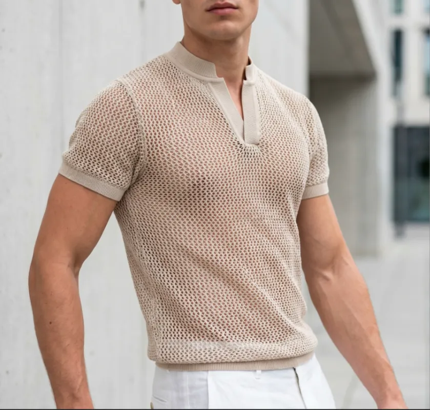 Men's Hollow Sheer Stand Collar Short Sleeve Shirt SKUL58825 made by Incerunmen