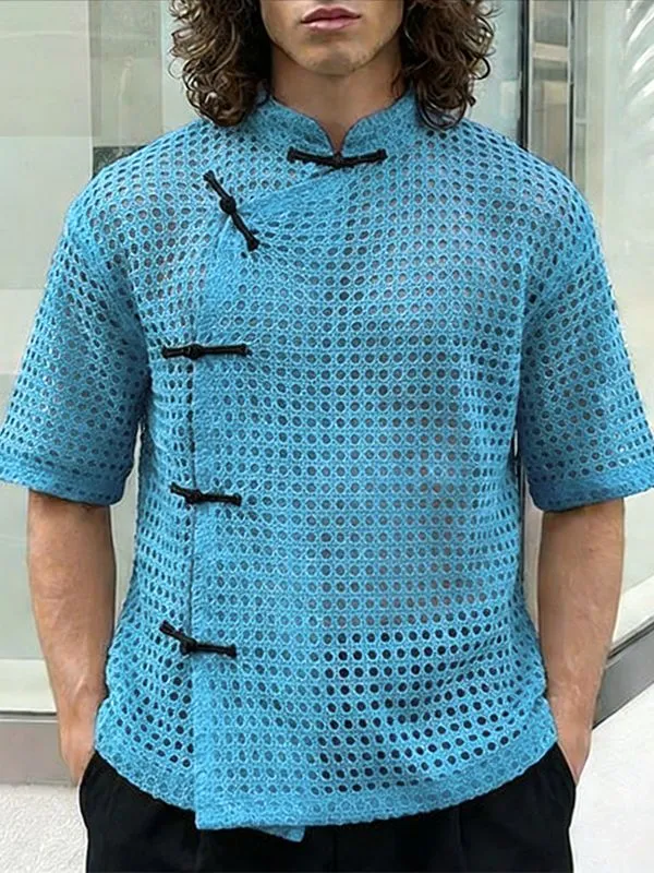 Men's Asymmetric Frog Button Hollow Out Short Sleeve Shirt SKUL56298 sold by Incerunmen product image thumbnail 3