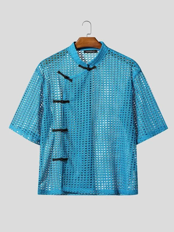 Men's Asymmetric Frog Button Hollow Out Short Sleeve Shirt SKUL56298 sold by Incerunmen product image thumbnail 4