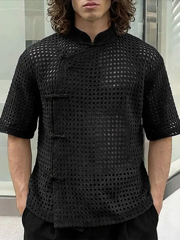 Men's Asymmetric Frog Button Hollow Out Short Sleeve Shirt SKUL56298 sold by Incerunmen