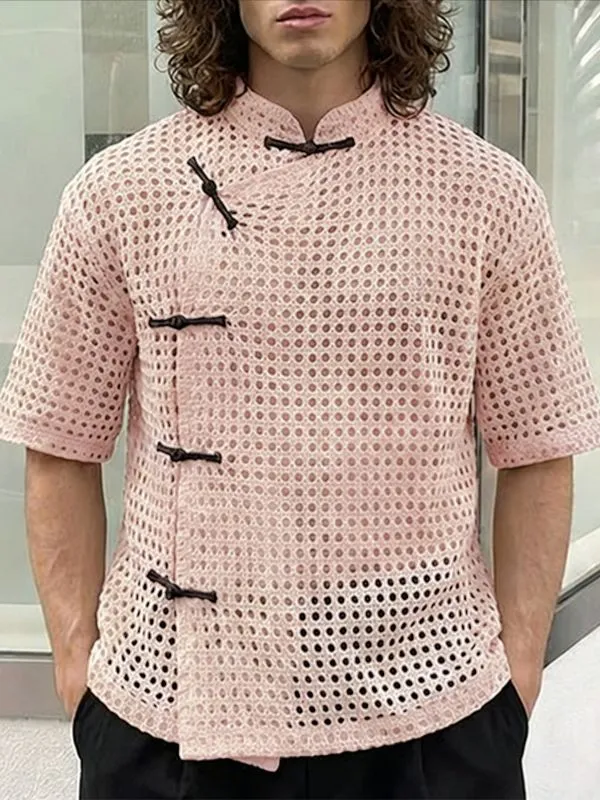 Men's Asymmetric Frog Button Hollow Out Short Sleeve Shirt SKUL56298 sold by Incerunmen product image thumbnail 2