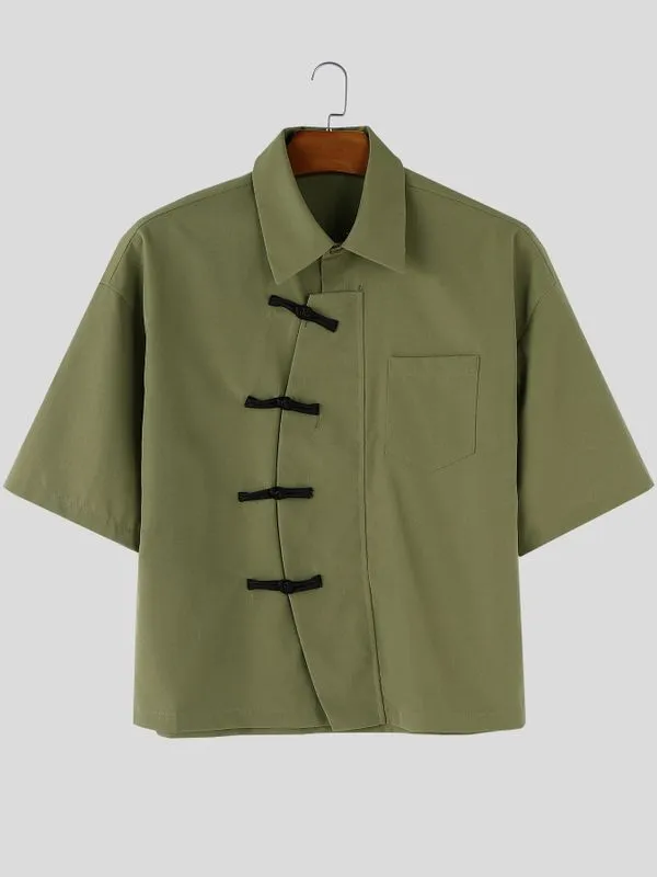 Men's Asymmetric Color Block Frog Button Loose Short Sleeve Shirt SKUL57095 sold by Incerunmen product image thumbnail 4