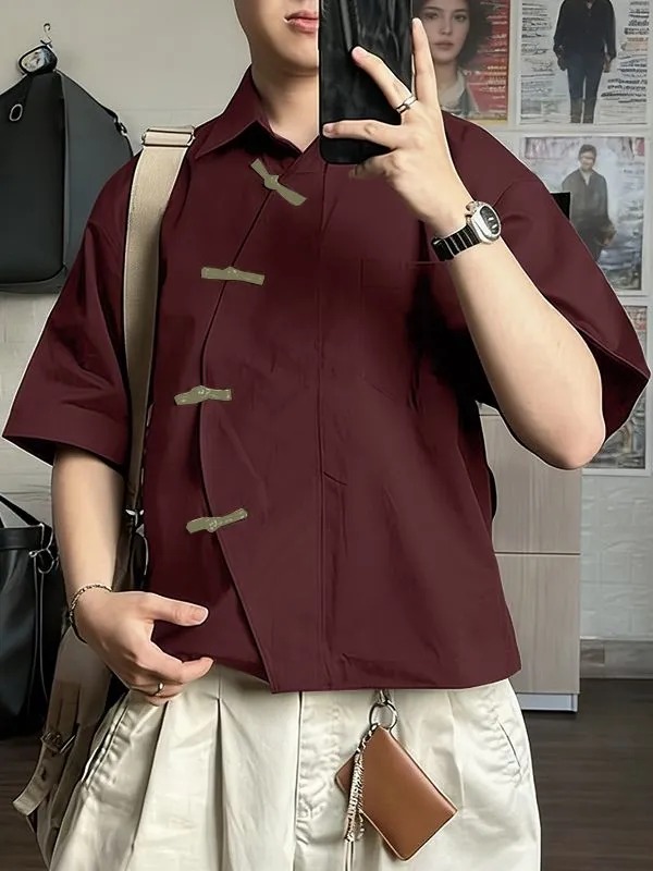 Men's Asymmetric Color Block Frog Button Loose Short Sleeve Shirt SKUL57095 sold by Incerunmen