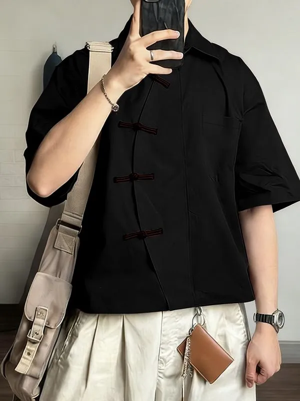Men's Asymmetric Color Block Frog Button Loose Short Sleeve Shirt SKUL57095 sold by Incerunmen product image thumbnail 3