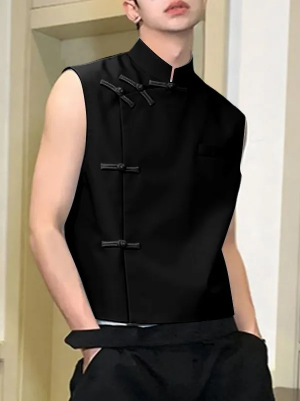 Men's Asymmetric Frog Button Stand Collar Tank SKUL59983 made by Incerunmen