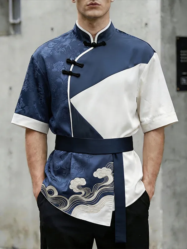 Men's Contrast Color Frog Button Stand Collar Short Sleeve Shirt SKUL59873 made by Incerunmen