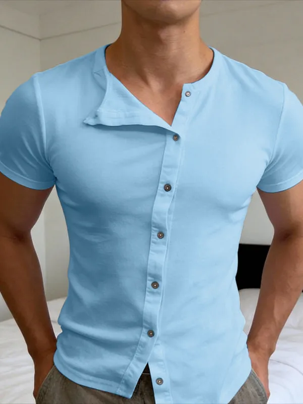 Men's Solid Color Asymmetric Placket Textured Button Short Sleeve T-shirt SKUL59951 sold by Incerunmen product image thumbnail 3