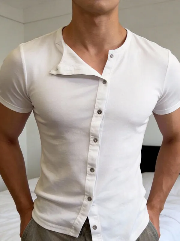 Men's Solid Color Asymmetric Placket Textured Button Short Sleeve T-shirt SKUL59951 made by Incerunmen