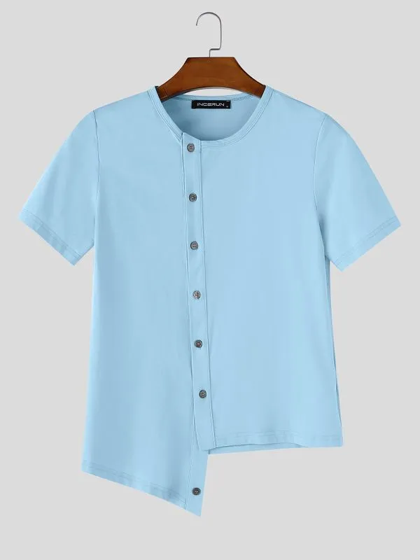 Men's Solid Color Asymmetric Placket Textured Button Short Sleeve T-shirt SKUL59951 sold by Incerunmen product image thumbnail 4