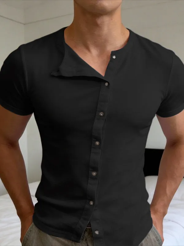 Men's Solid Color Asymmetric Placket Textured Button Short Sleeve T-shirt SKUL59951 sold by Incerunmen product image thumbnail 2