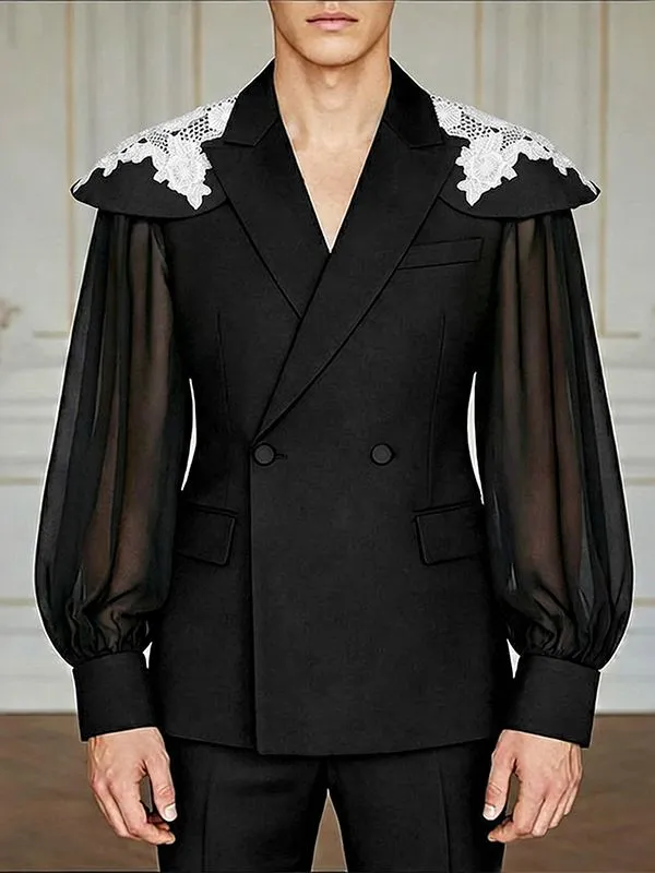 Men's Lace Shoulder Appliques Sheer Lantern Sleeves Blazer SKUL56348 made by Incerunmen
