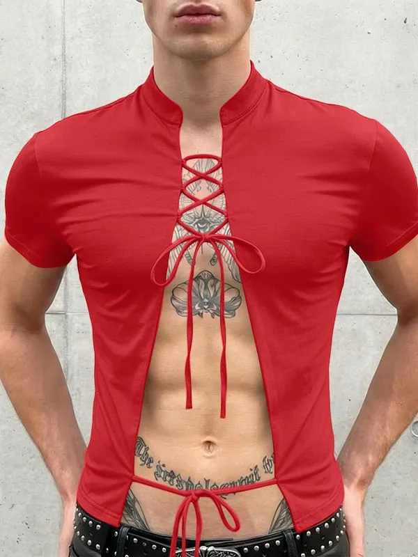 Men's Lace-Up Open Front Mandarin Collar Slim Fit Short Sleeve T-shirt SKUL57500 sold by Incerunmen product image thumbnail 3