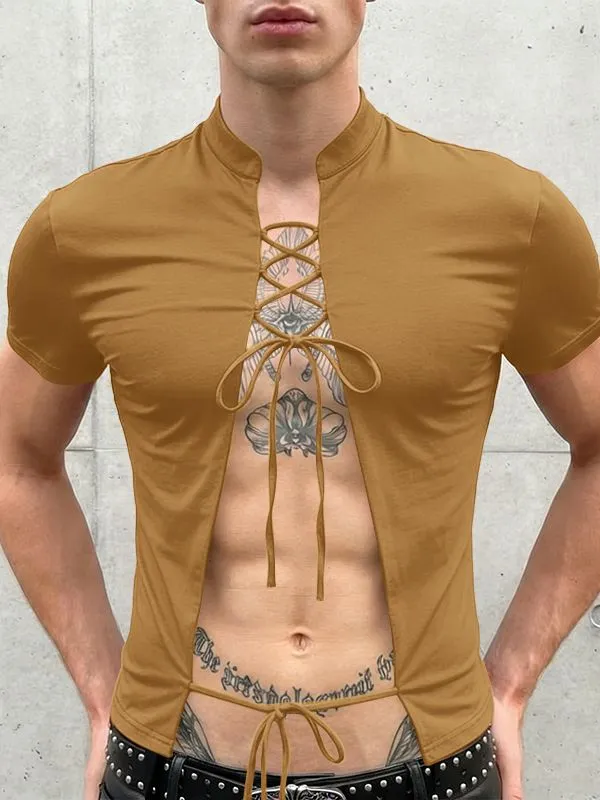 Men's Lace-Up Open Front Mandarin Collar Slim Fit Short Sleeve T-shirt SKUL57500 sold by Incerunmen product image thumbnail 2
