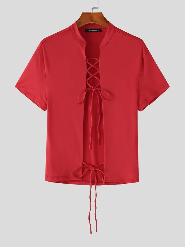 Men's Lace-Up Open Front Mandarin Collar Slim Fit Short Sleeve T-shirt SKUL57500 sold by Incerunmen product image thumbnail 4