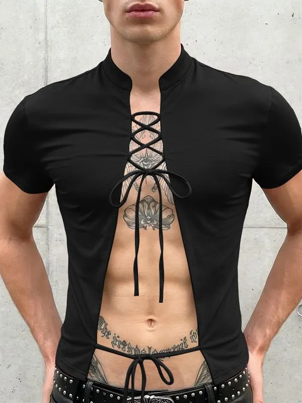 Men's Lace-Up Open Front Mandarin Collar Slim Fit Short Sleeve T-shirt SKUL57500 made by Incerunmen