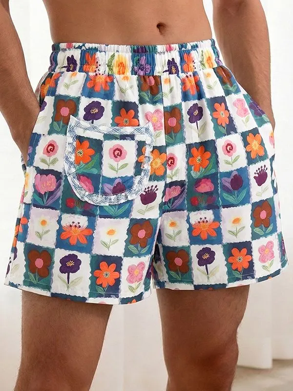 Men's Checkered Floral Print Ruffled Detail Elastic Waist Casual Short SKUL59798 made by Incerunmen