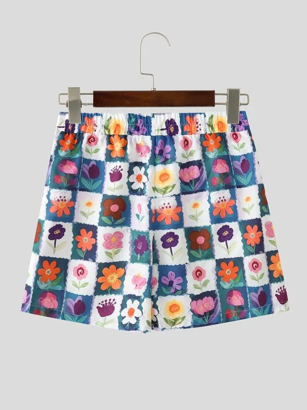Men's Checkered Floral Print Ruffled Detail Elastic Waist Casual Short SKUL59798 sold by Incerunmen product image thumbnail 3