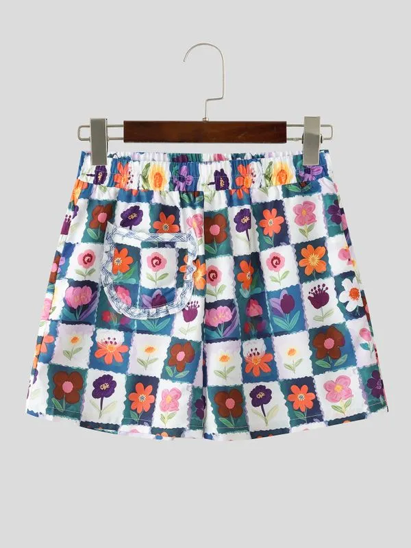 Men's Checkered Floral Print Ruffled Detail Elastic Waist Casual Short SKUL59798 sold by Incerunmen product image thumbnail 2