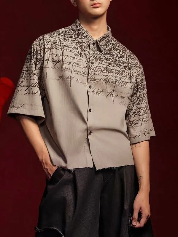 Men's Calligraphy Script Print Raw Hem Short Sleeve Shirt SKUL52996 made by Incerunmen