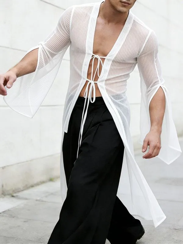 Men's Avant-Garde Longline Sheer Ribbed Tie-Front Flared Sleeve Cardigan SKUL57687 sold by Incerunmen product image thumbnail 2