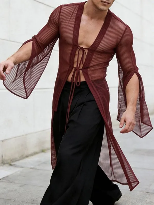 Men's Avant-Garde Longline Sheer Ribbed Tie-Front Flared Sleeve Cardigan SKUL57687 sold by Incerunmen product image thumbnail 3