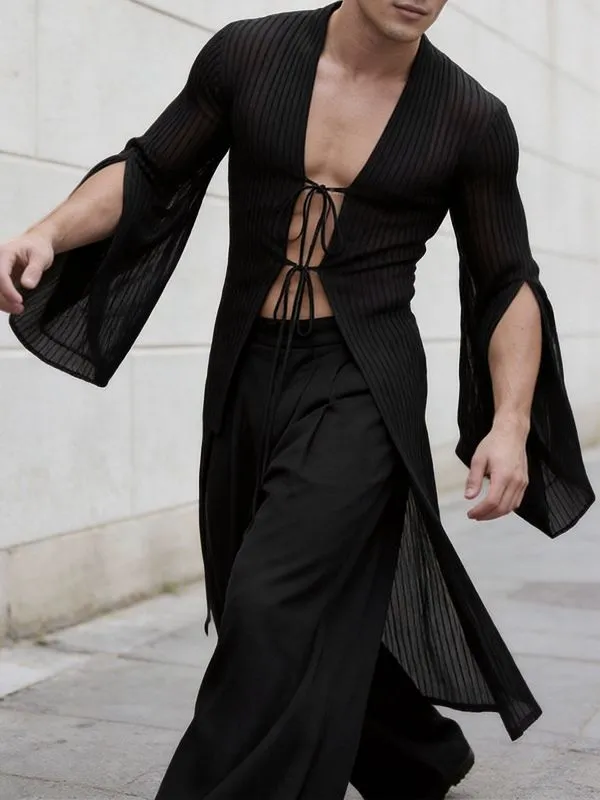 Men's Avant-Garde Longline Sheer Ribbed Tie-Front Flared Sleeve Cardigan SKUL57687 sold by Incerunmen